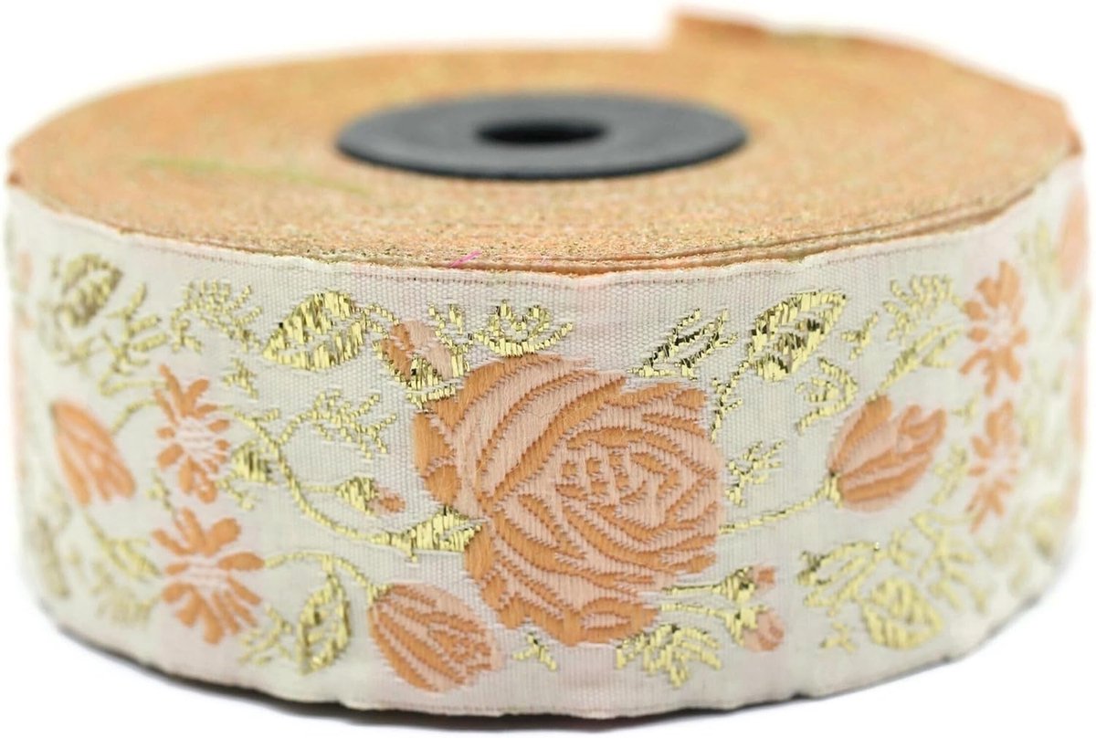 Jacquard lint geweven licht perzik en metallic goud roze glans 10 m x 35 mm - rollen borduurlint voor naaien decoratie 35089-V7