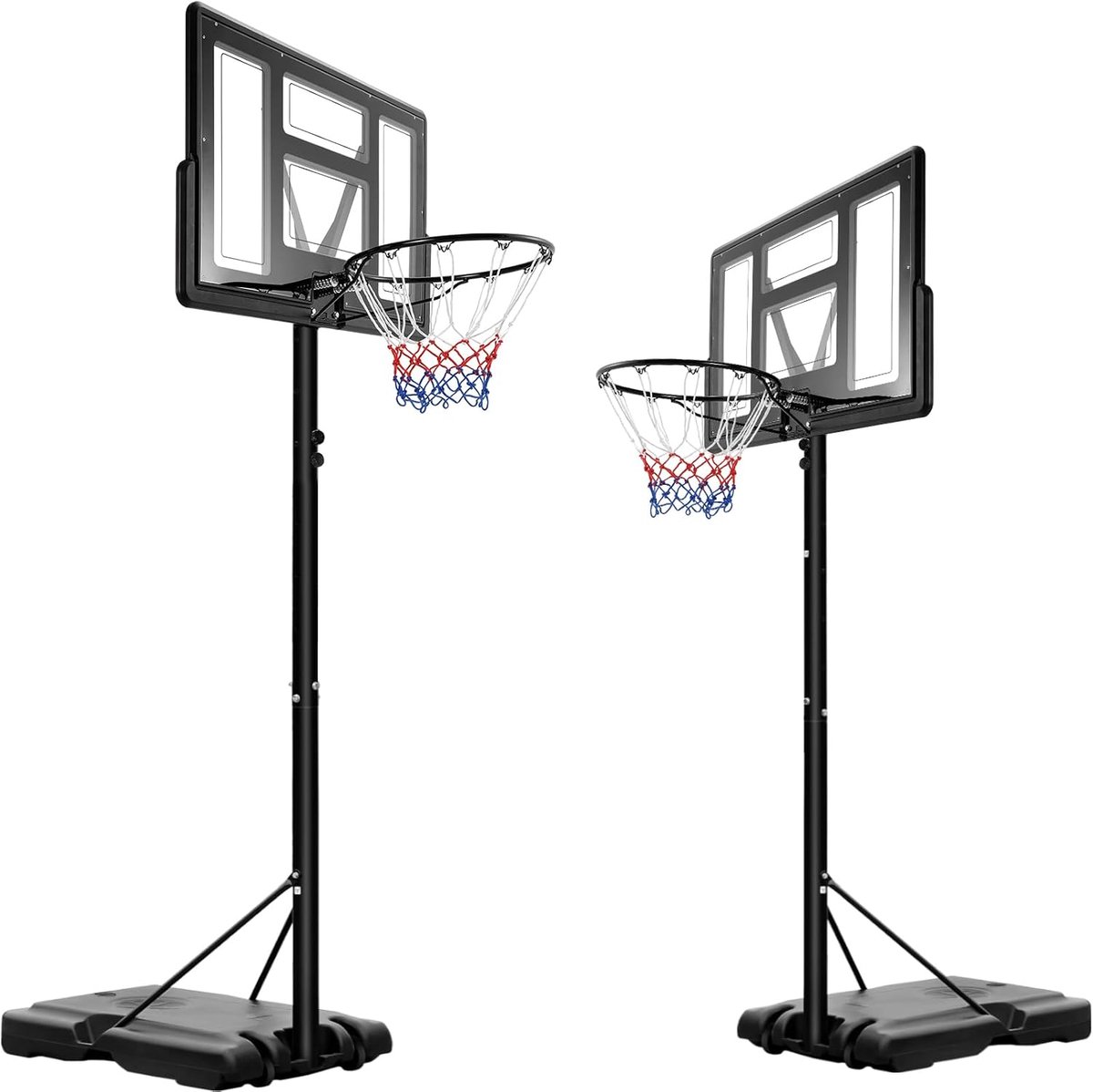 Draagbare basketbalstandaard met wieltjes, 230-304 cm in hoogte verstelbaar, basketbalkorf met standaard voor kinderen en volwassenen, met water en zand vulbaar voor outdoor, binnen en