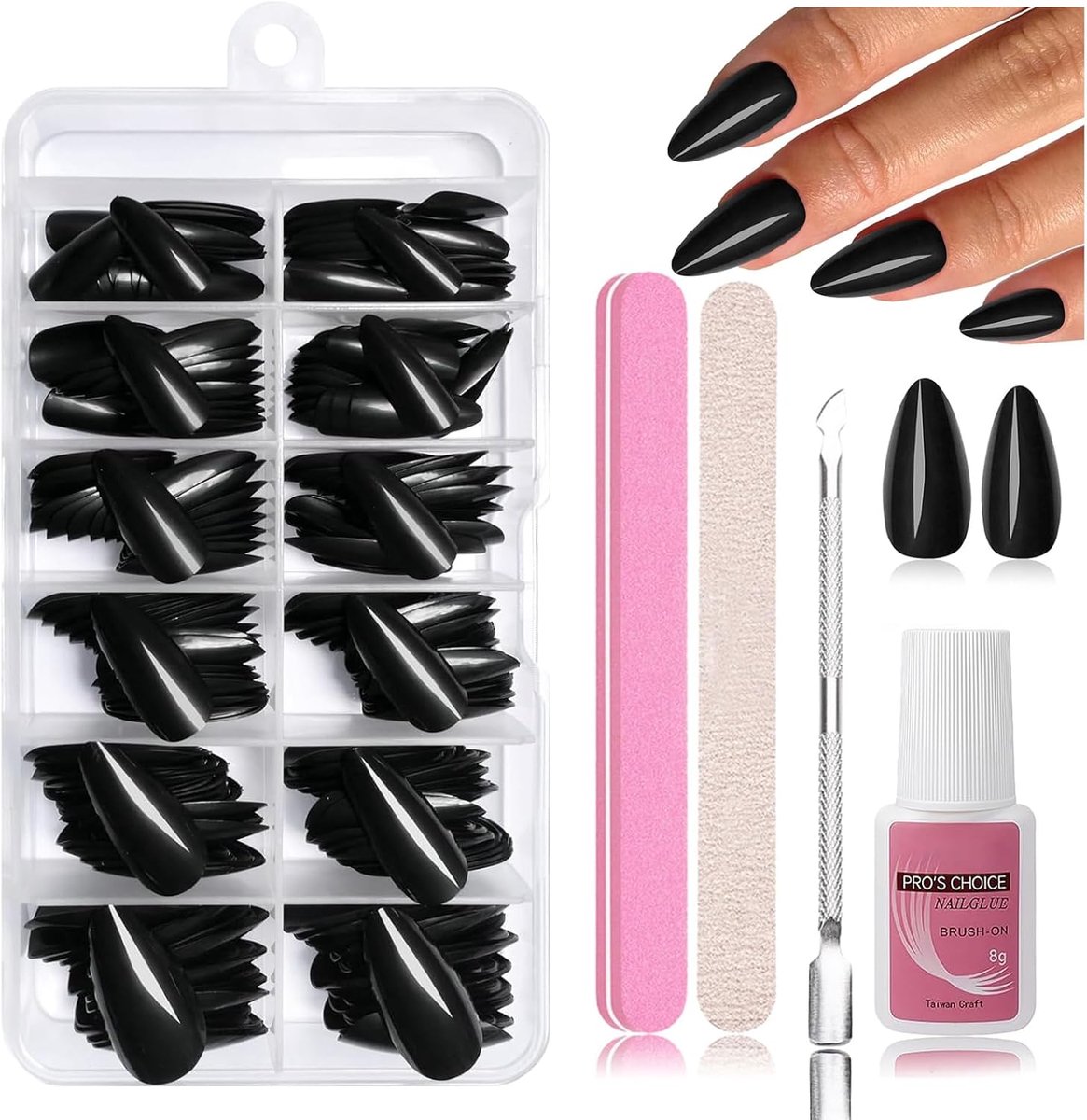 On Nails, 240 stuks, Kunstnagels om op te plakken, Soft Gel Tips, ABS-materiaal, Incl. nagellijm 8ml, nagelvijl, nagelriemduwer, opbergdoos (Zwart2)