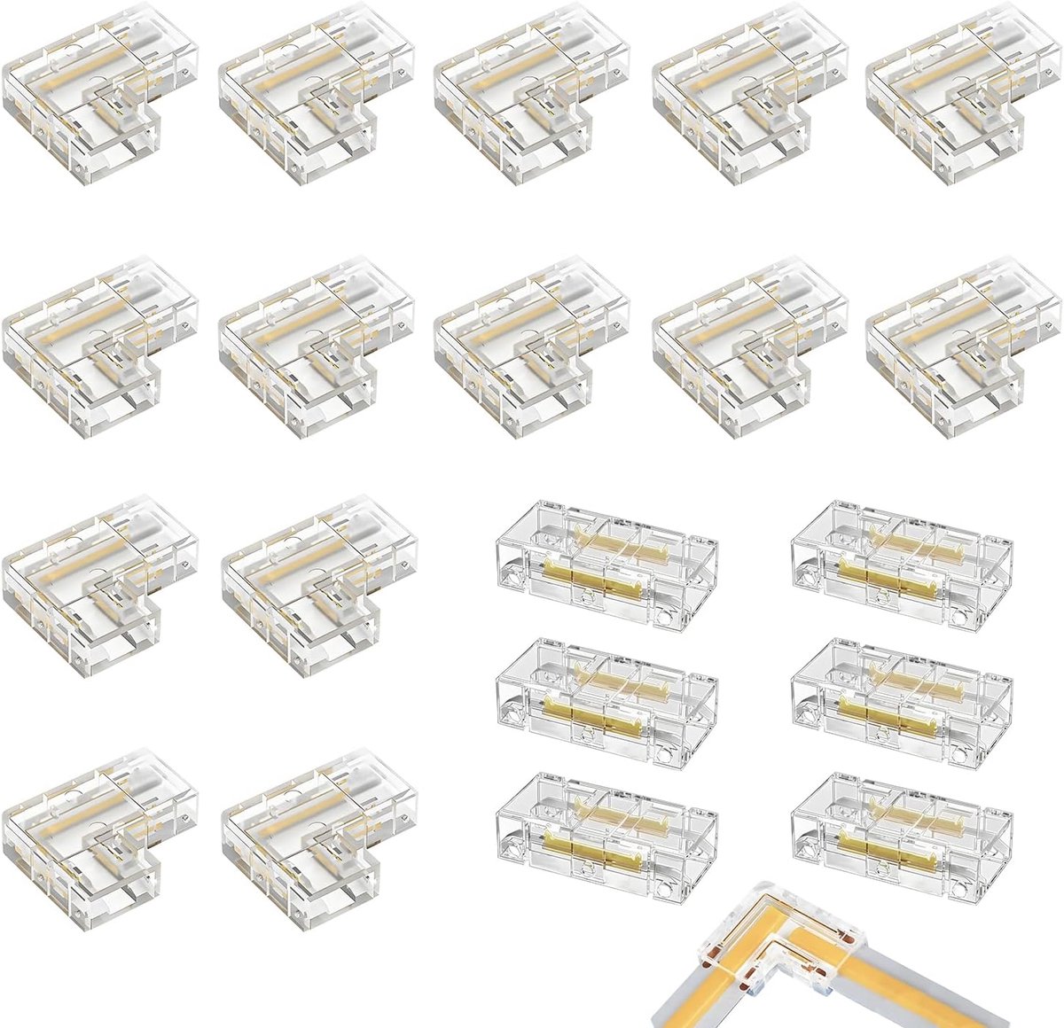 20 stuks COB ledstripconnectorset, 2-pins 8 mm strips hoekverbinders L-vorm en transparante middenverbinder, naadloze soldeervrije stekker, stripconnector voor 8 mm brede ledstrips, 2-pins, 12 V/24 V