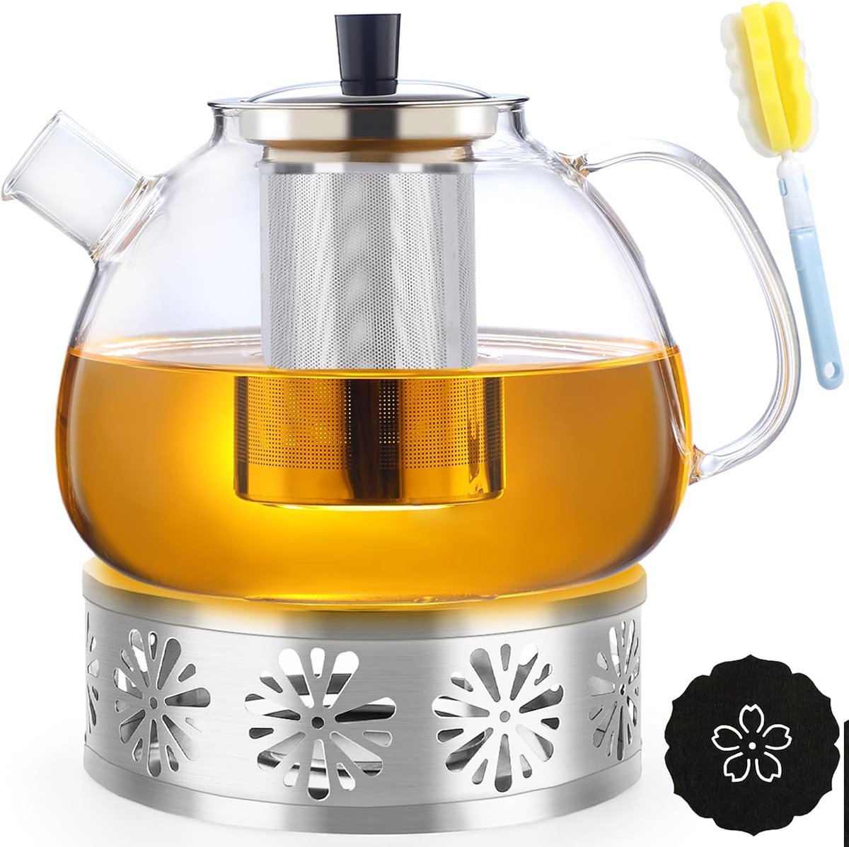 Theepot,Theepot Van Glas,Hittebestendige Glazen Pot met Deksel,1500 Ml Voor Theebloemen,Losse Thee en Theezakjes met Theepotborstel,Lsolatieonderzetter