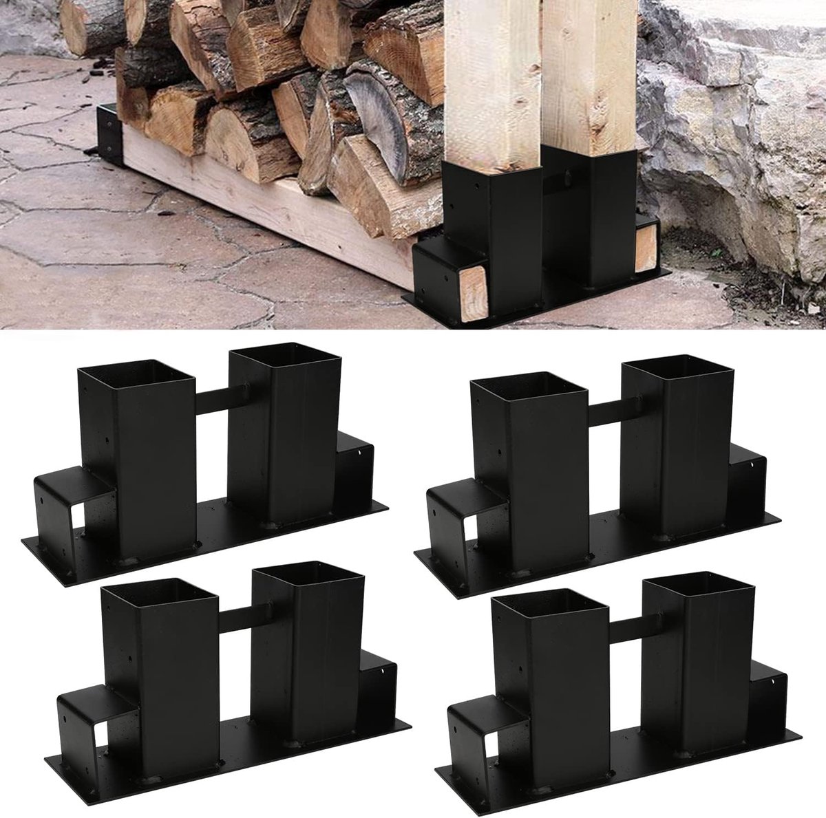 Houtstapelhulp, 4 stuks, zwart, stabiele stapelhulp, brandhout, stapelhulp, houtstapelhouder, haardhout, frame hout