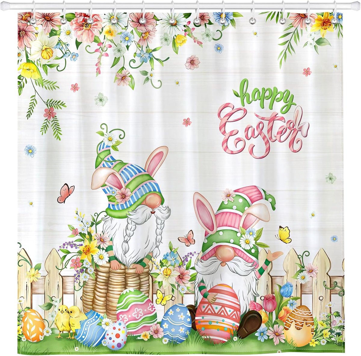 Douchegordijn set 182x183cm - waterdichte polyester - paasgnomen en eieren - vrolijke badkamerdecoratie - ShopVlot