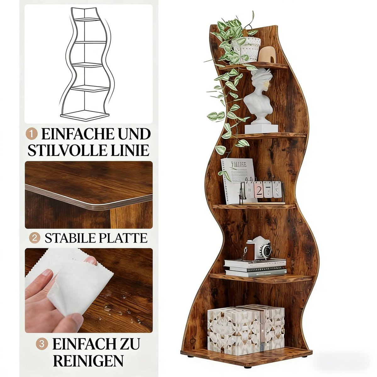 MIVRAY Boekenkast - Verstelbare Planken - 50 x 50 x 182,5 cm - Hout - Bruin - Ruimtebesparende Hoekkast Voor Woonkamer En Kantoor
