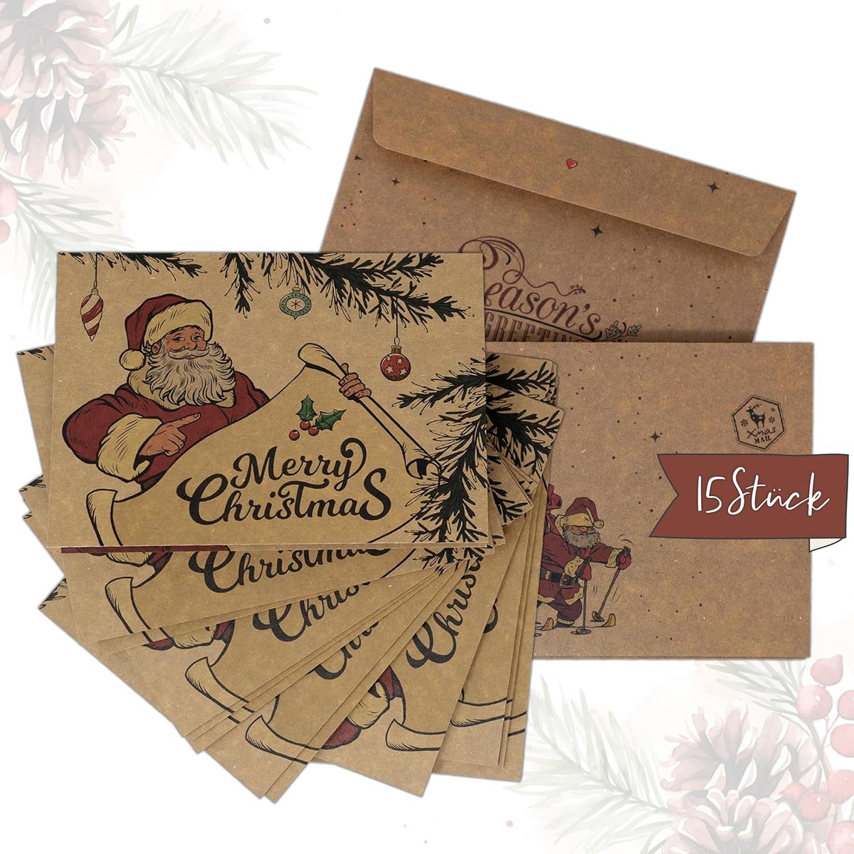 Kerstkaarten set 15 stuks - Kraftpapier - vintage Santa Claus - perfecte kerstgroet - ShopVlot