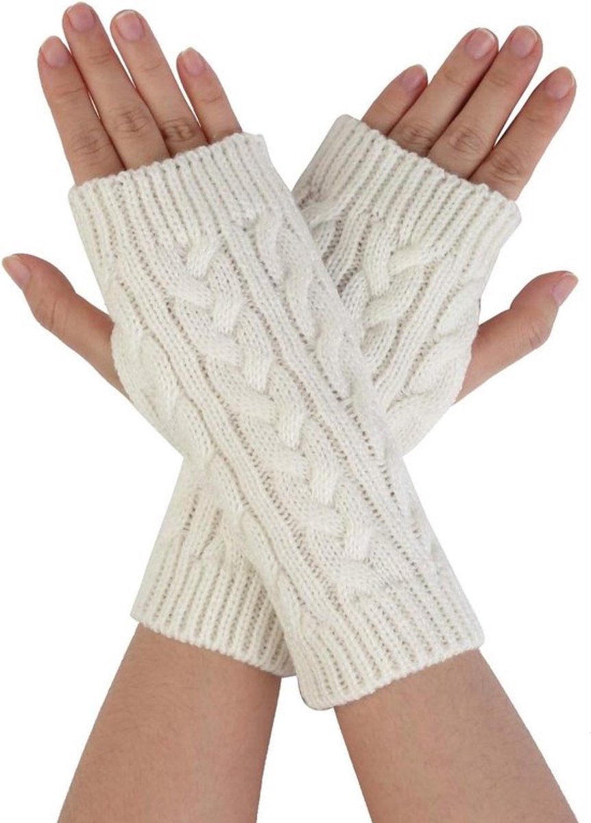 Handwarmers dames - Polswarmers - Vingerloze handschoenen - Gebreide wanten - Winter handschoenen - Fingerless gloves - Beige - Acryl - Jonyx