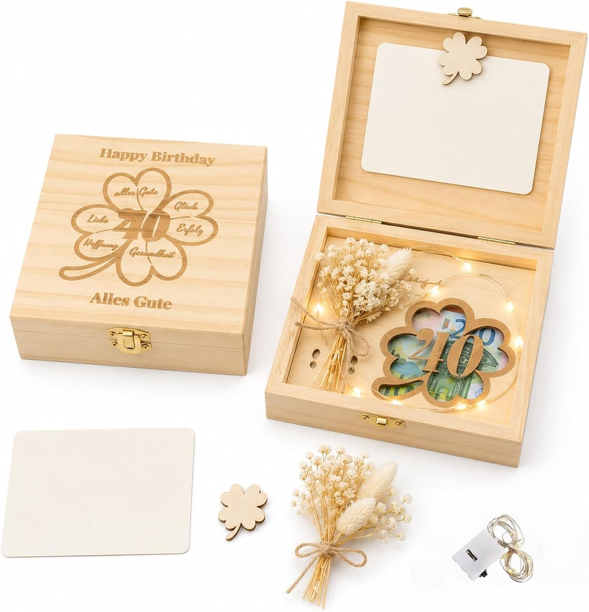 Geldgeschenk verpakking 40e verjaardag - geschenkdoos van hout - inclusief gedroogde bloemen & lichtketting - ShopVlot
