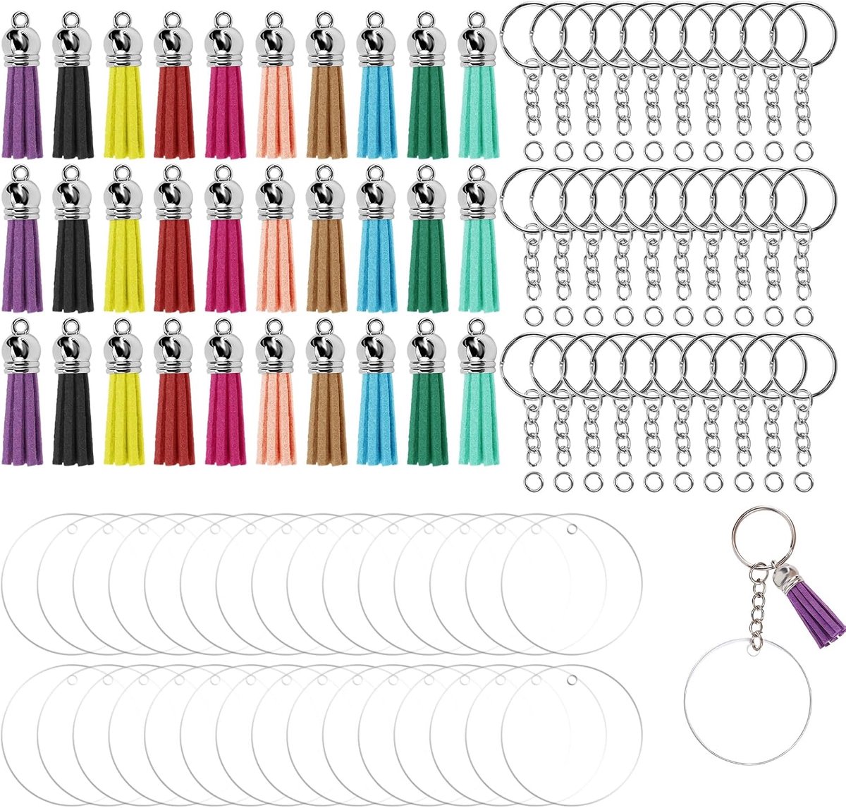 Sleutelhangers set 120 stuks - ronde acryl discs - kleurrijke tassels en ringen - perfect voor DIY projecten - ShopVlot