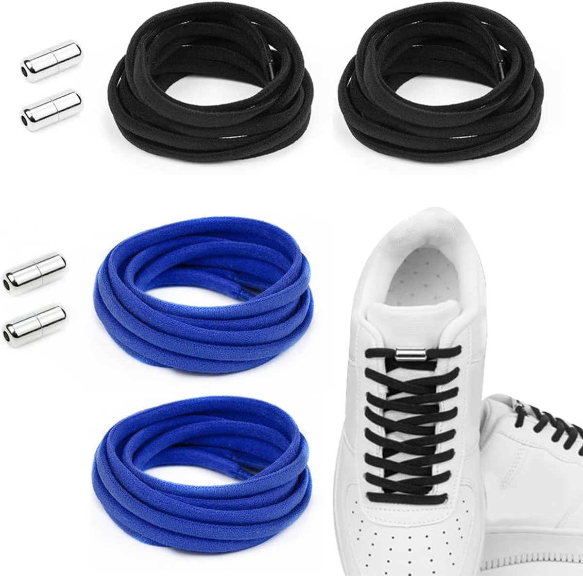 veters 2 paar - plat elastisch - metallic zwart marineblauw - sterk comfort - ShopVlot