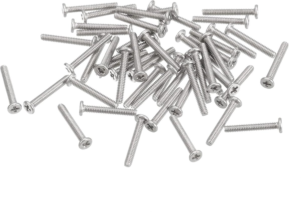 Sourcing map M1,2 - 0,25 x 8 mm, 50 stuks, platte ronde kopschroeven, 304 roestvrij staal, kruiskop, aandrijving, machineschroeven, hardwaresluiting voor meubelverbinding
