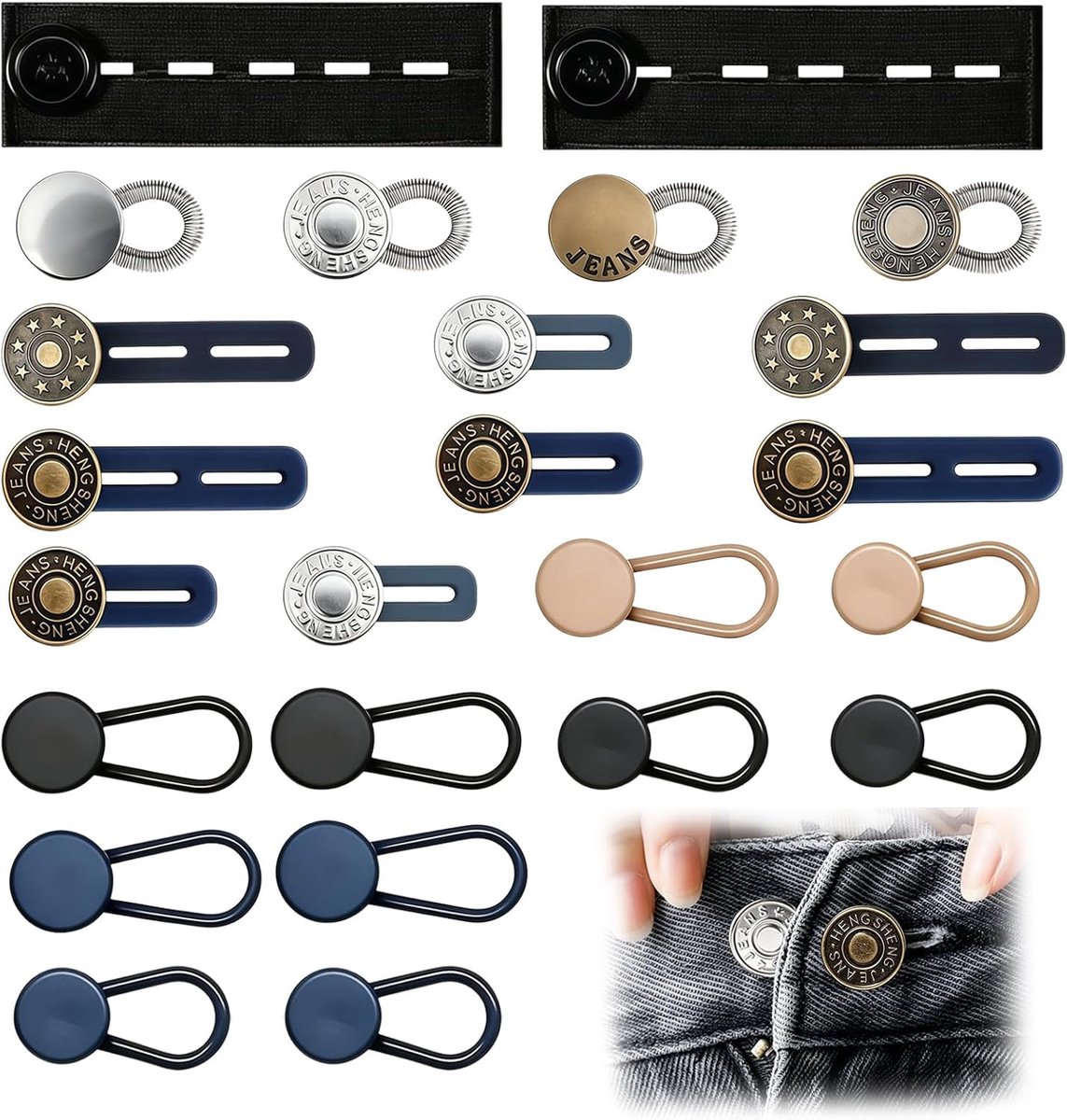 24 stuks broekverbredingsknoop, zonder naaien, verstelbare metalen jeansknoopverlenging, geschikt voor jeans, overhemd, rok, jurk, zwart/zilver