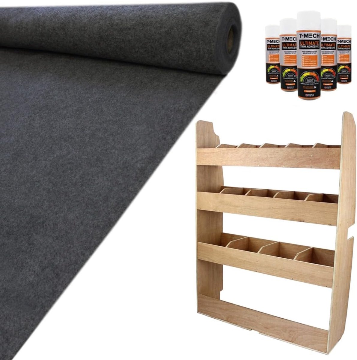 Voering tapijt super stretch + lijm & Ford Transit Rack bundel, 11 m2 donkergrijs antraciet, bestelwagenrekken, bestelwagens, campers, auto's, rekken unit met 4 planken, 12 mm multiplex, 4-laags