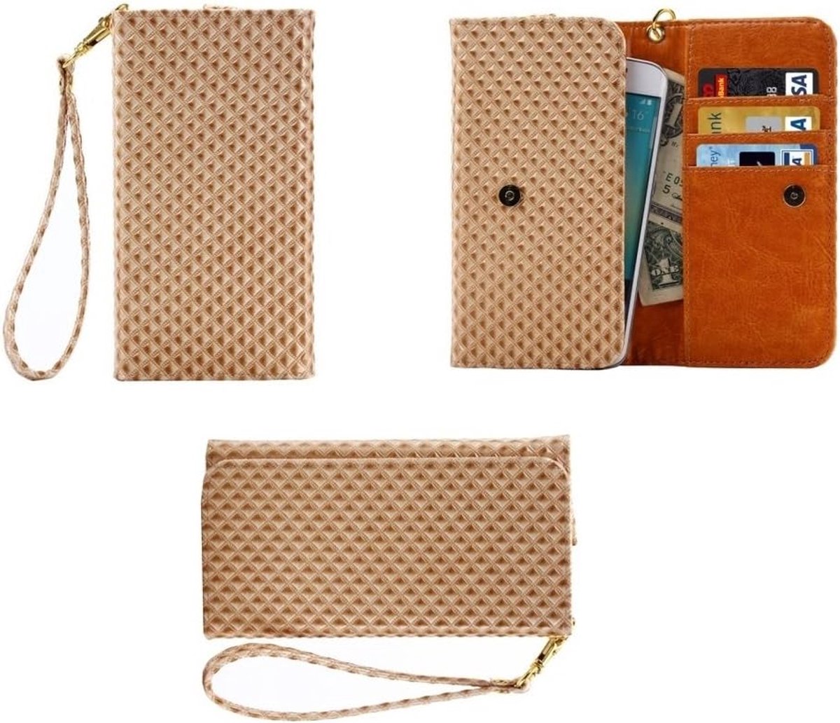 Premium Case met Design Parel Grid Textuur met Kaartsleuven & Lanyard voor Tecno M6 - Beige