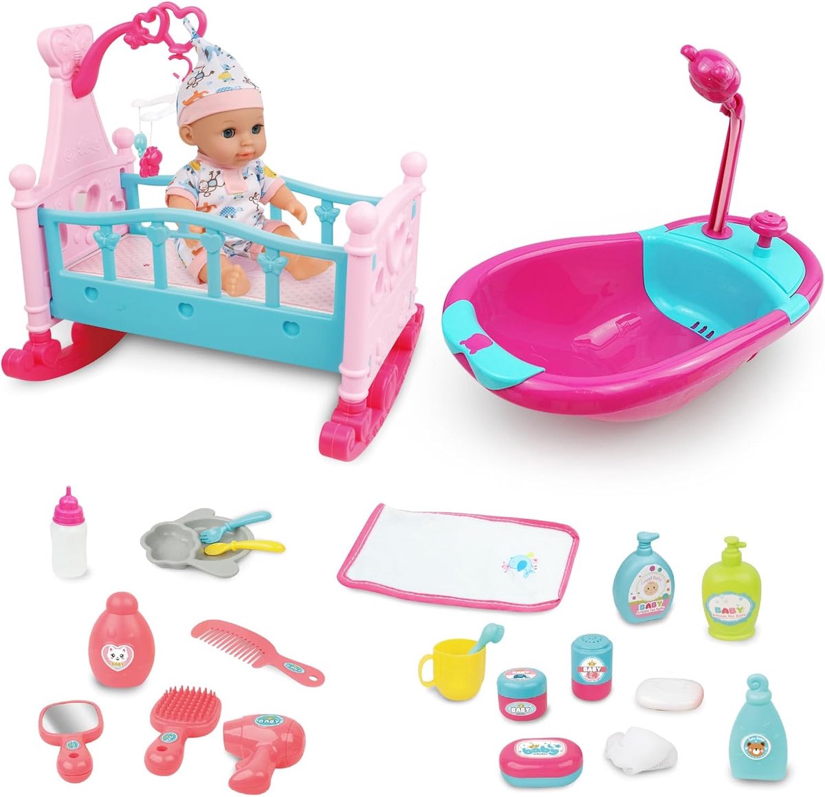 30,5 cm babypop, accessoires, speelgoed, 24-delige speelset met miniatuurwieg, verzorging, badkuip en voederaccessoires en pop inbegrepen