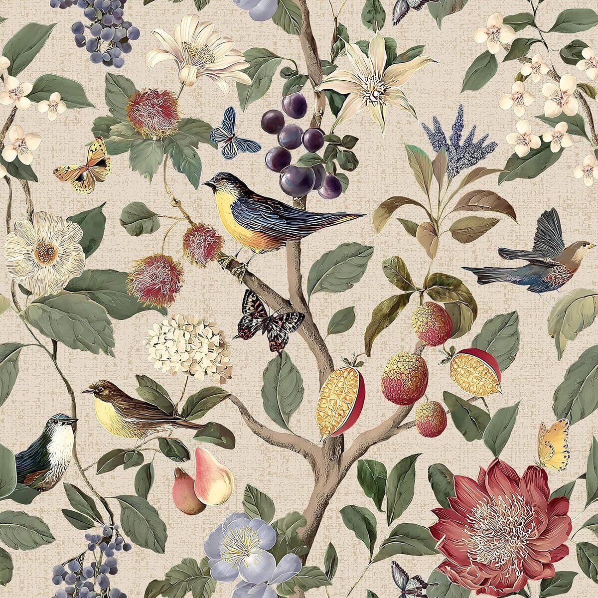 Behang beige Chinoiserie plakfolie 44,5 x 300cm | Bloemenbehang, waterdicht, beige, vintage, met vogels, vlinders, bloemen, meubelfolie voor woonkamer, slaapkamer, meubels