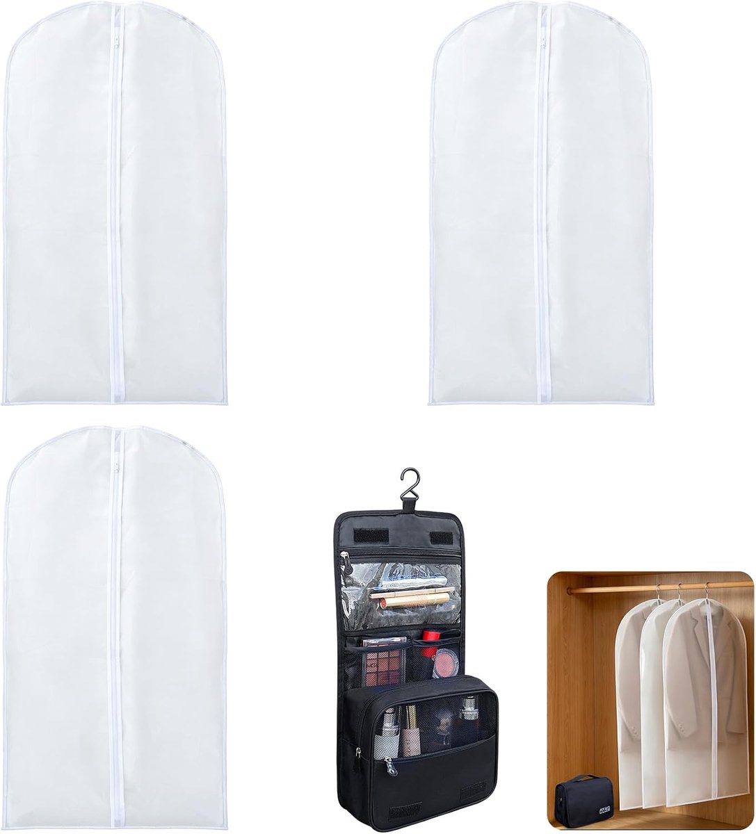 3x Kledingzak 60x100cm & 1x Toilettas om op te hangen, 3D Kledinghoes Transparant, Stofvrije Kledingtas voor Pak, Hemd, Waterdichte Reistas
