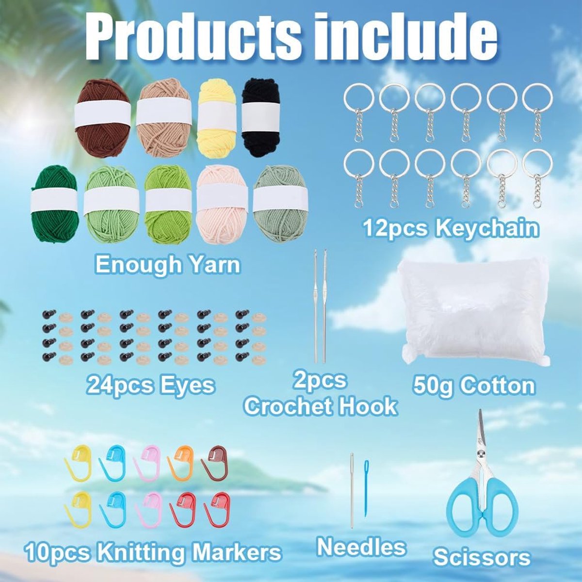 12 Sets DIY Schildpad Haak Sleutelhanger Kit voor Volwassenen Beginners, Dier Gehaakte Starter Kit met Video Tutorials, Garen, Oog, Haak, DIY Breien Benodigdheden Kerst Handgemaakte Craft