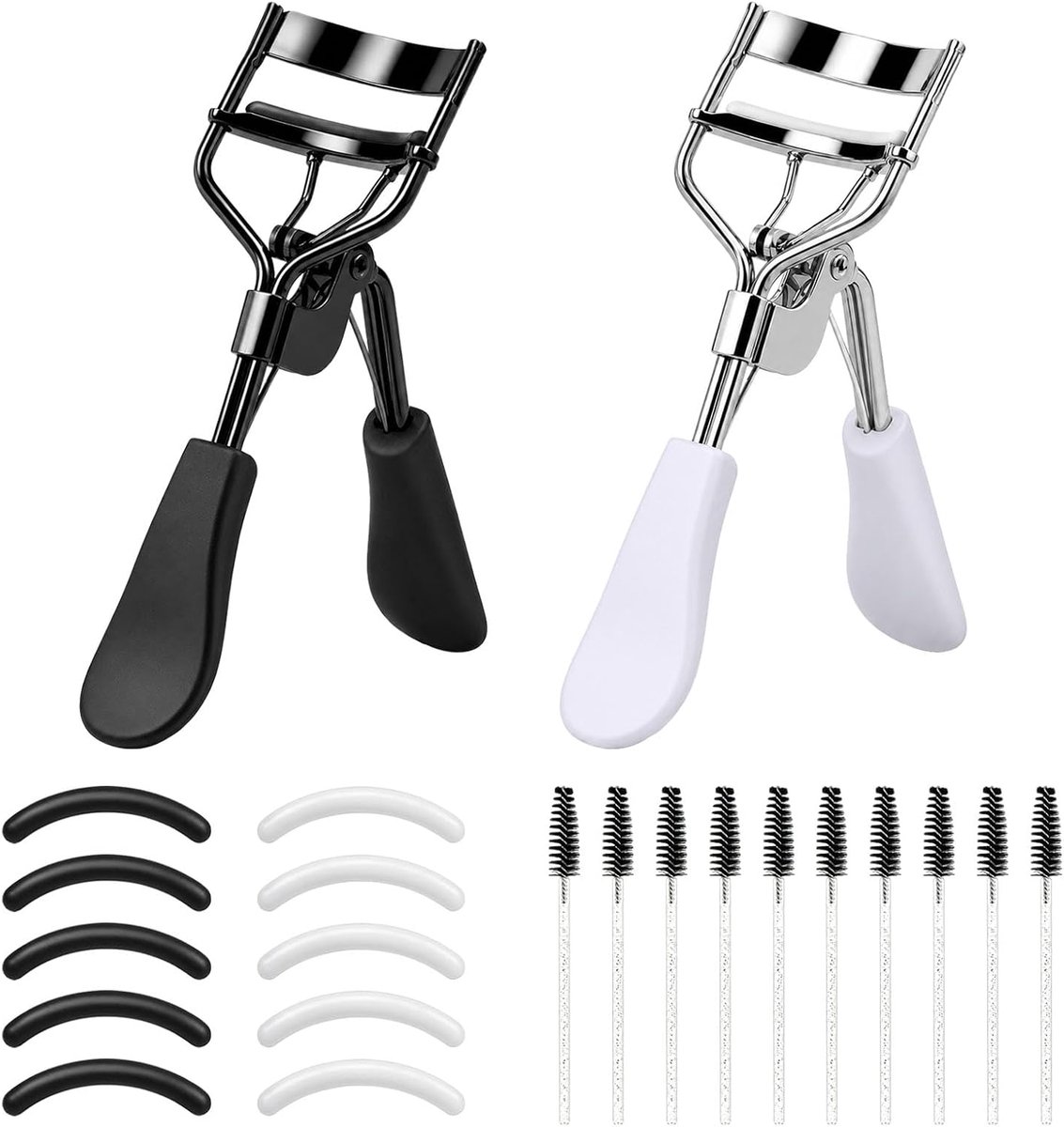 2 stuks roestvrijstalen wimpertang met 10 siliconen reservepads en 10 wimperborstels, metalen wimpercurler, wimperscheider, gebogen wimpers, ogen, make-up, gereedschap voor vrouwen en meisjes van alle