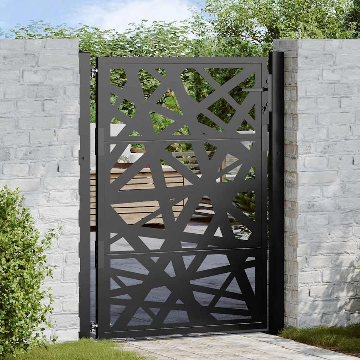 Tuinpoort, zwart, 100 x 125 cm, staal met lasergesneden design, verzinkt en gepoedercoat, afsluitbaar met 3 sleutels, voor tuin, terras en perceel