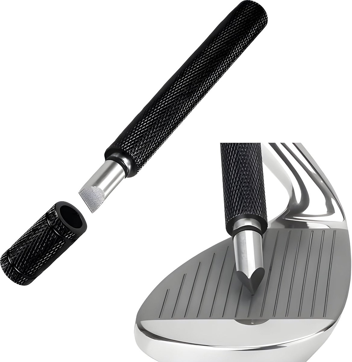 Golfclubreiniger en groefslijper 2-in-1, RVS, zilver en zwart | Voor modder, zand en gras op het clubblad na een bunkershot of natte baan; vooral voor irons en wedges