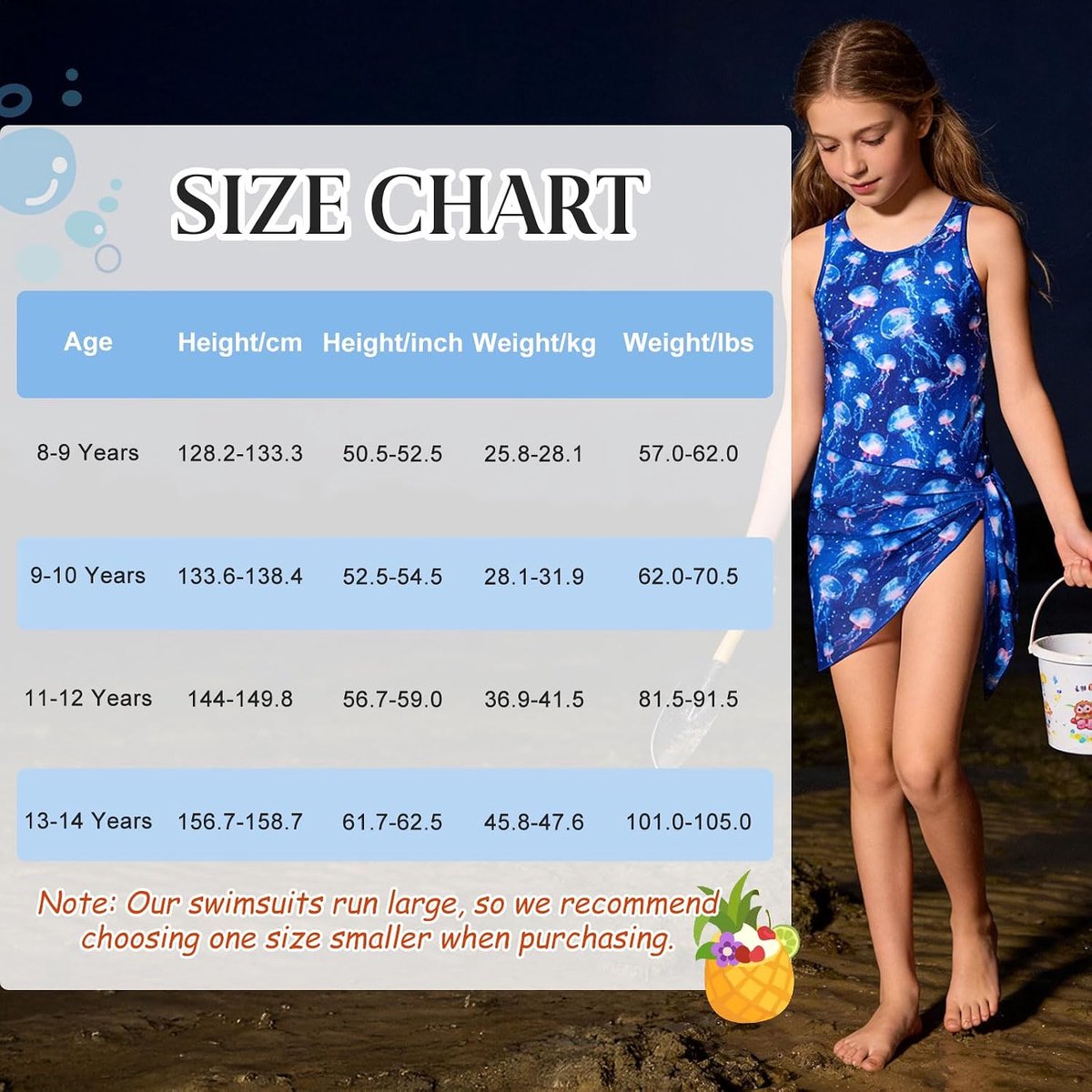 Zwemkostuum voor meisjes, 3-delig meisjesbikini, zomer, Hawaii-prints, zwempak, tankini voor kinderen, met bedekkende badpakken, vakantie, surfen, voor 8-14 jaar