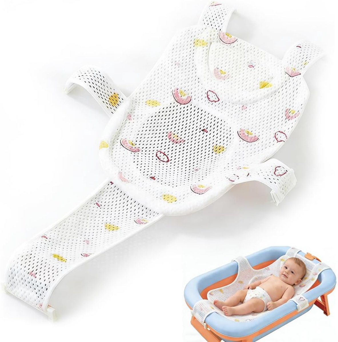 Badkussen voor baby's, badverkleiner voor pasgeborenen, badhangmat met 5 veiligheidsriemen, antislip, ademend en comfortabel net, eenvoudig te installeren