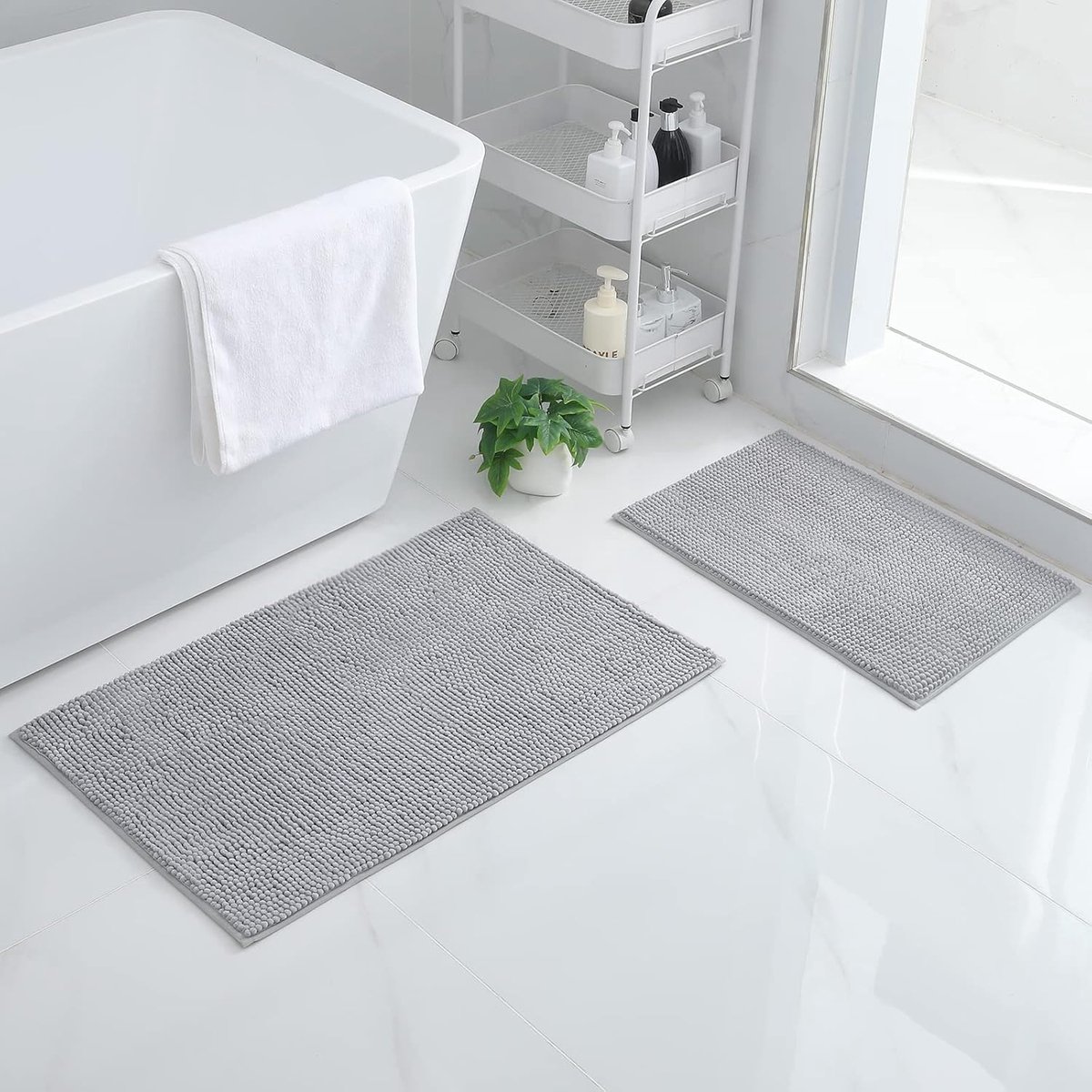 Chenille Badkamerteppich Set 2-delig antislip Badmat Set Zacht absorberend Badtapijt Wasbaar Badvoorlegger - 40x60 cm+50x80 cm, Lichtgrijs