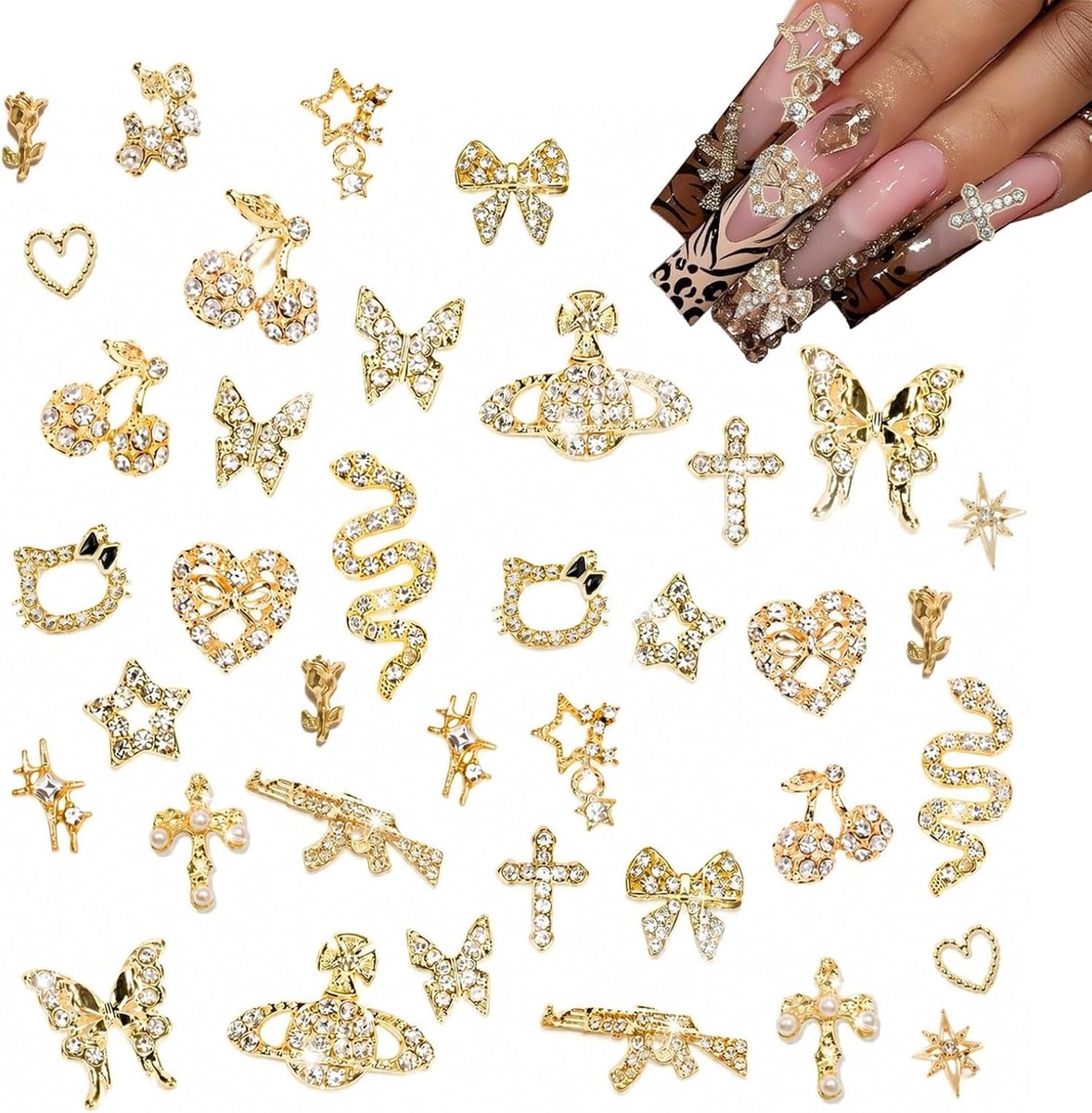 40 Stuks Gouden Nagel Charms, 3D Strass Steentjes Nagelkunst, Metallic Decoratie voor Nagels, Glitterstenen voor Manicure, DIY Nageldesign Set, Y2K Sieraden (Goud, Gemengd)