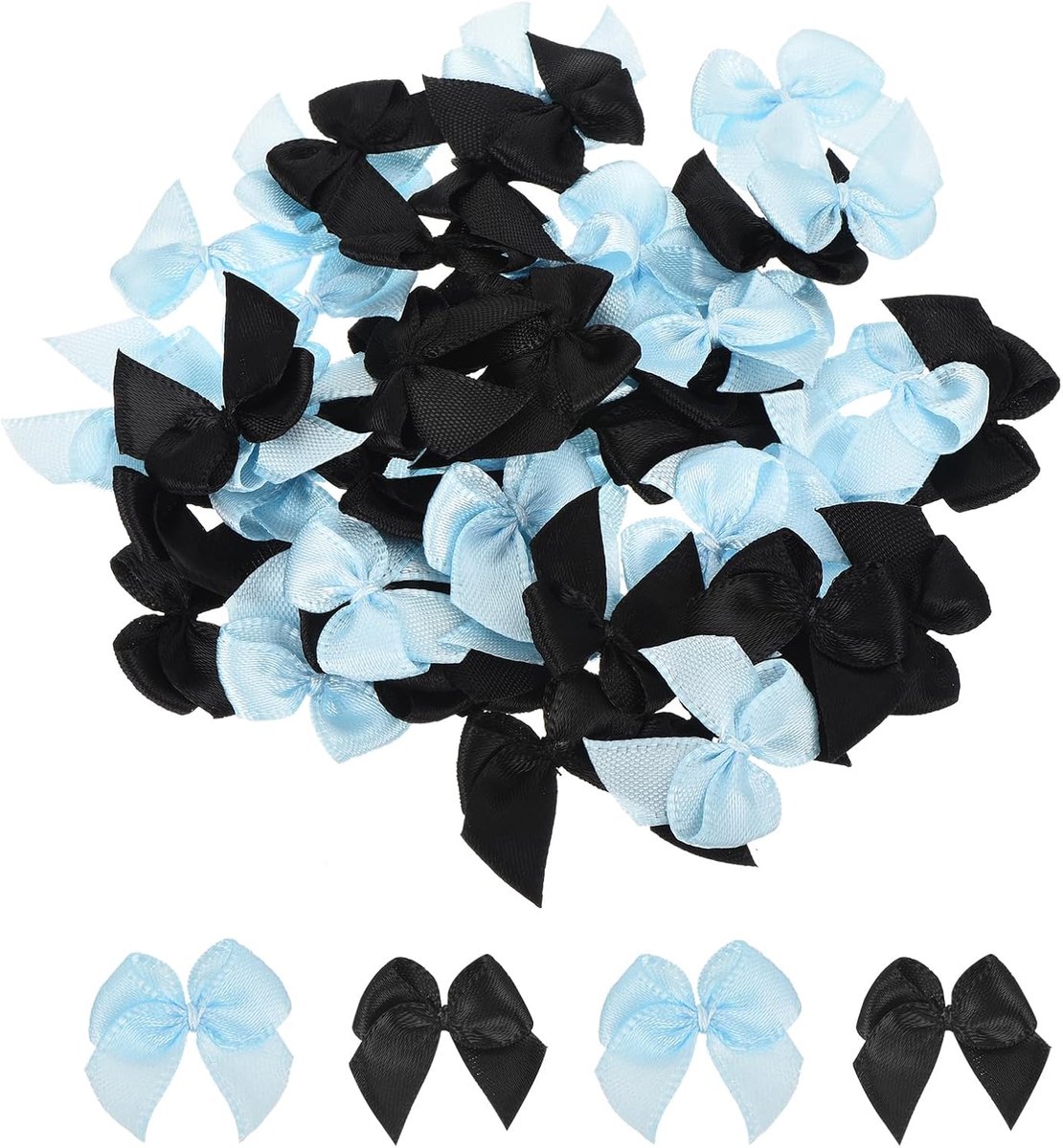 100 stuks mini-strikjes, 2,5 cm, mini-stoffen satijnen bloemen voor knutselen, doe-het-zelf naaien, bruiloft, verjaardagsfeest, zwart en blauw