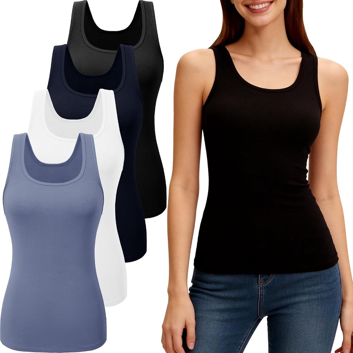 Set van 4 tanktops voor dames, vest, top, basic onderhemd, UK, mouwloos, vrije tijd, training, multipack tops