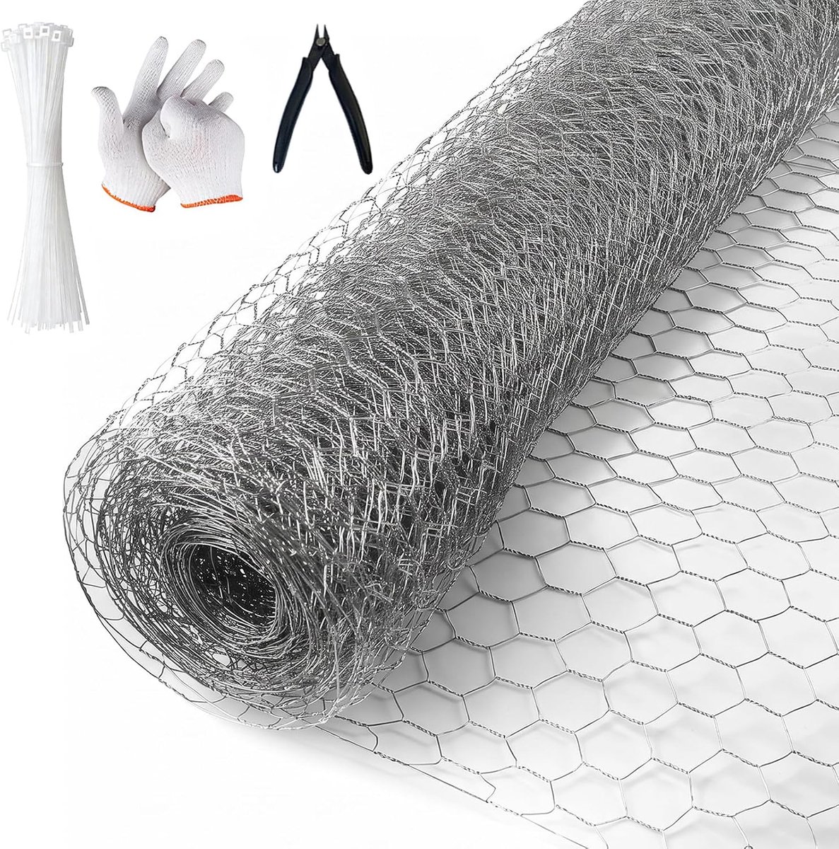 Gaasdraad, verzinkt, zeshoekig, 50 cm x 10 m, met tang, handschoenen en 100 kabelbinders, maaswijdte 15 mm, voor tuin, kippenhok, kooi, konijnen, volière
