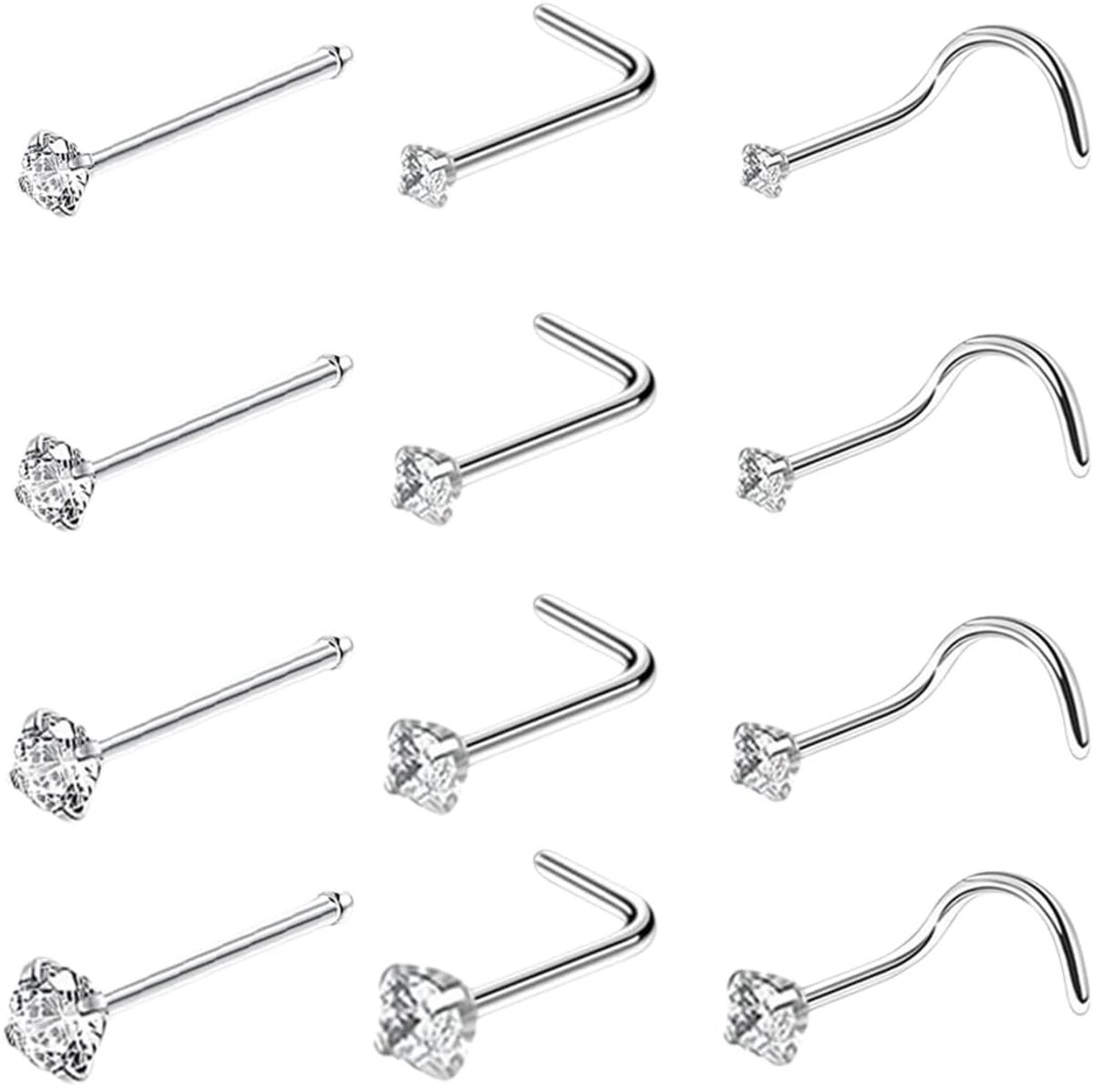 12 stuks, chirurgisch staal, zilver, cirkelring, CZ glitter, septum, nostril, 1,5/2/2,5/3 mm