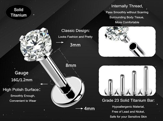 Body Piercing Intern Lip Bars Labret Stud Piercing 6mm/8mm/10mm/12mm Helix Oorbel 16G Tragus Oorbel Piercing Sieraden Titanium Tragus Helix Conch Lip Piercing Bars, Titanium — afbeelding 5