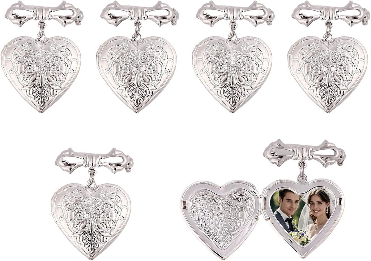6 stuks hart fotolijst charme strik messing medaillon hangers broches geheugen medaillon bedels foto medaillon broches voor ketting sieraden maken, platina