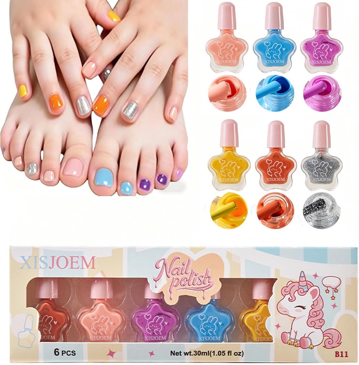Nagellak voor kinderen 6 kleuren - peel off - op waterbasis - sneldrogend en veilig - SnelShoppen