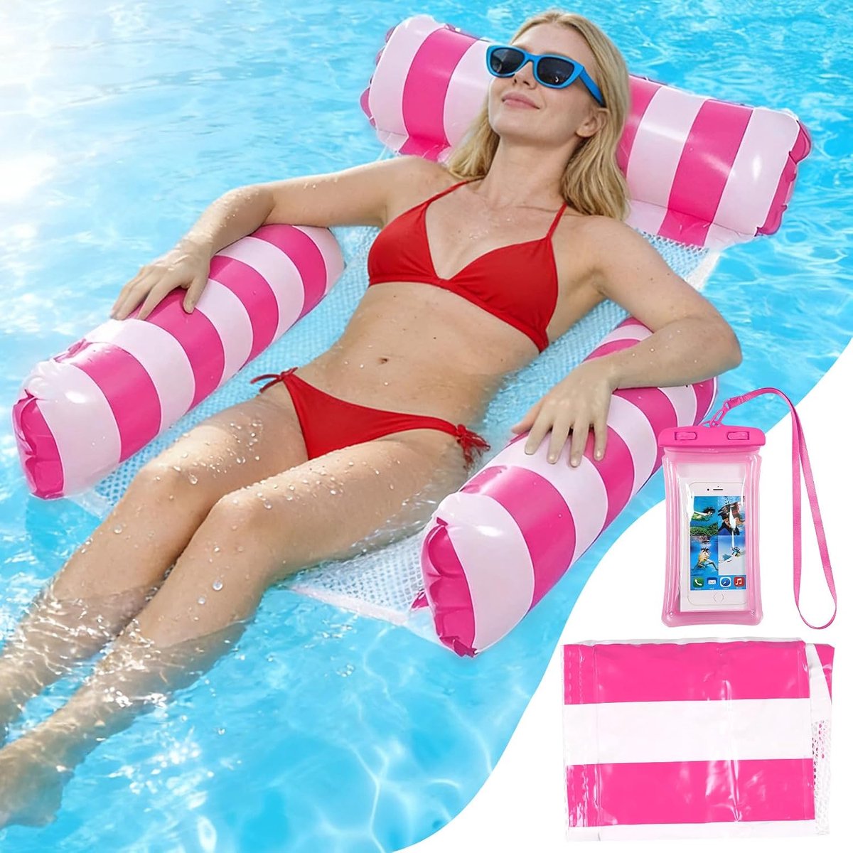 Drijvende hangmat - blauw gestreept - waterdichte telefoonhoes inbegrepen - perfect voor zwembad of strand - ShopVlot