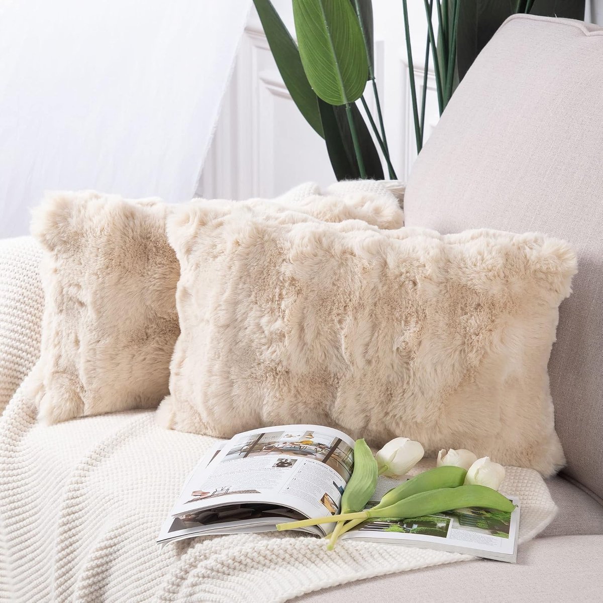 Decoratieve kussenslopen 40x60cm - Dikke pluche faux wol - Lichtbeige - Zacht en comfortabel - ShopVlot