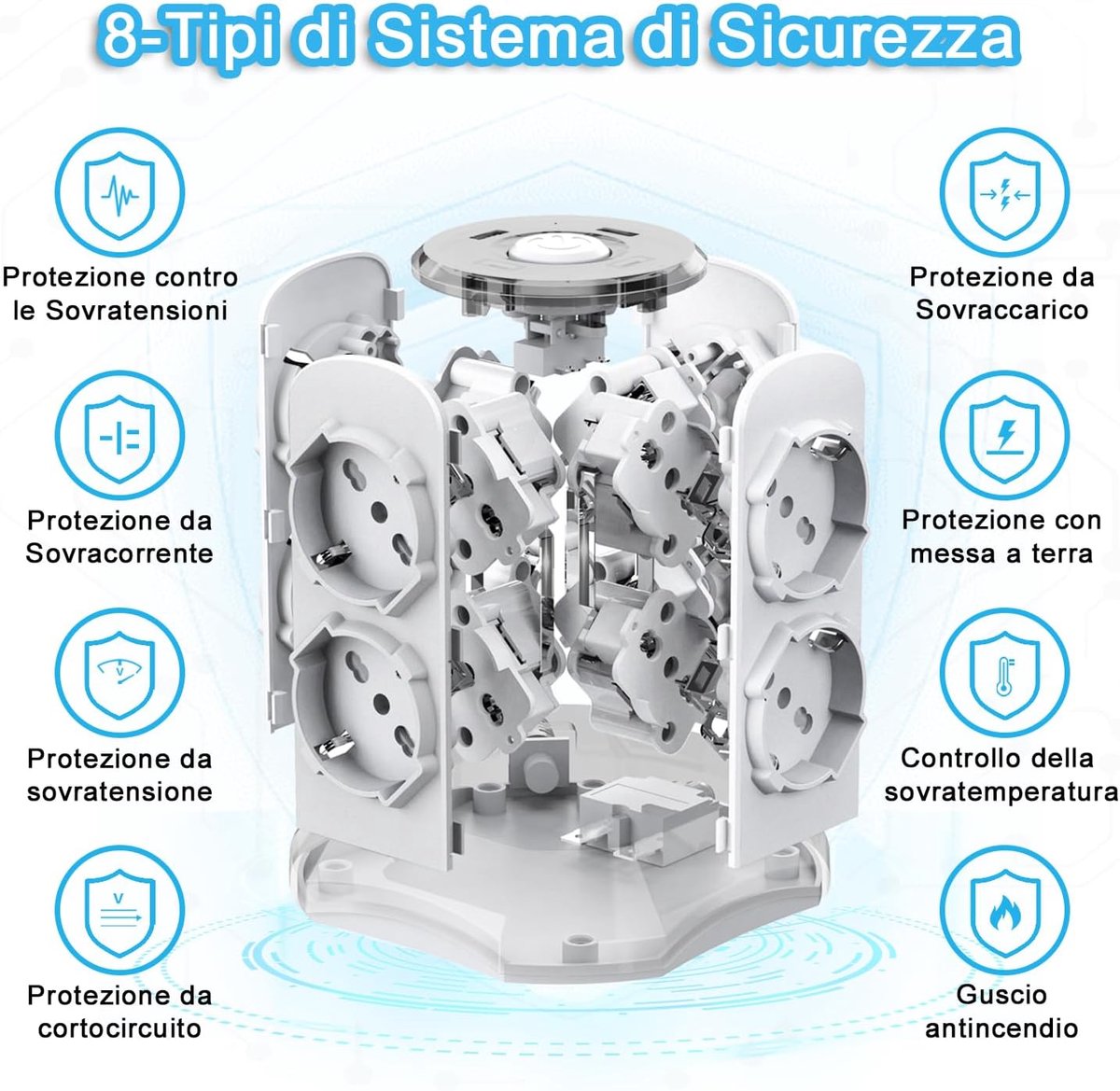 Meerdere stekkerdoos met 8 universele sockets - 2 USB-C en 2 USB-A - 4000W met schakelaar - ShopVlot