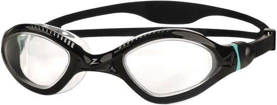 Lunettes de natation noires avec verres transparents. Le bandeau est noir avec un détail turquoise.