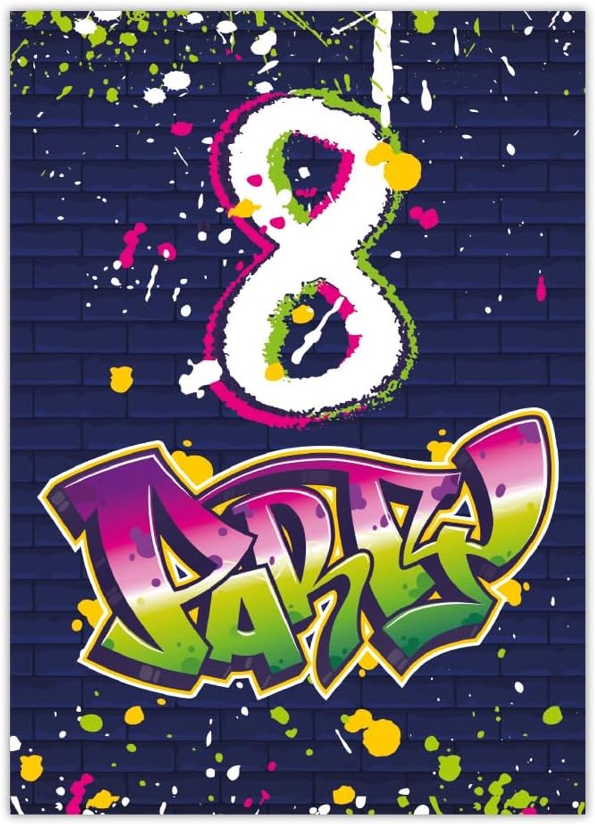 Uitnodigingen voor kinderfeestje 12 stuks - Graffiti design - Neon kleuren - Perfect voor 8e verjaardag - ShopVlot