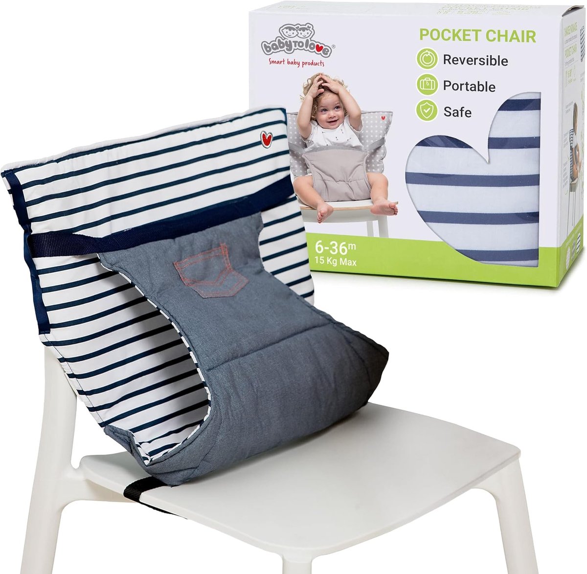 Kinderstoel - nomadisch denim - veilig en comfortabel - eenvoudig mee te nemen - ShopVlot