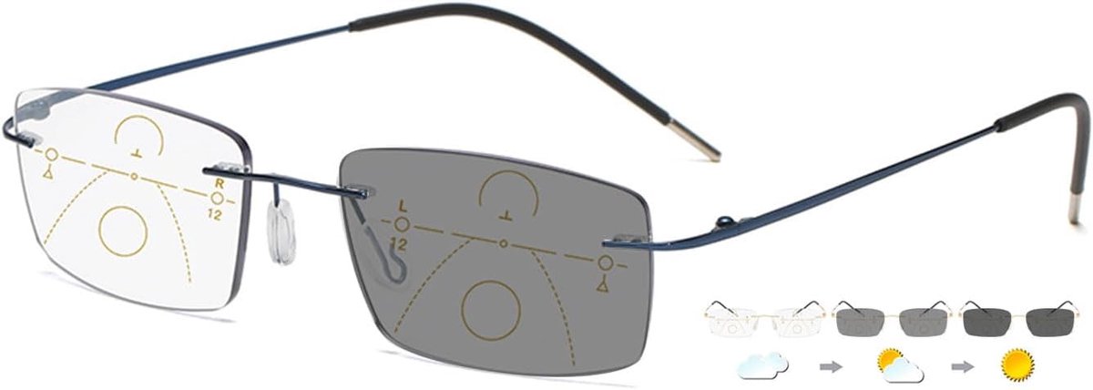Leesbril, multifocus, progressief, titanium, randloze leeshulp, zichthulp voor dames en heren, glijbril met sterkte en zonwering, blauw, 2.5