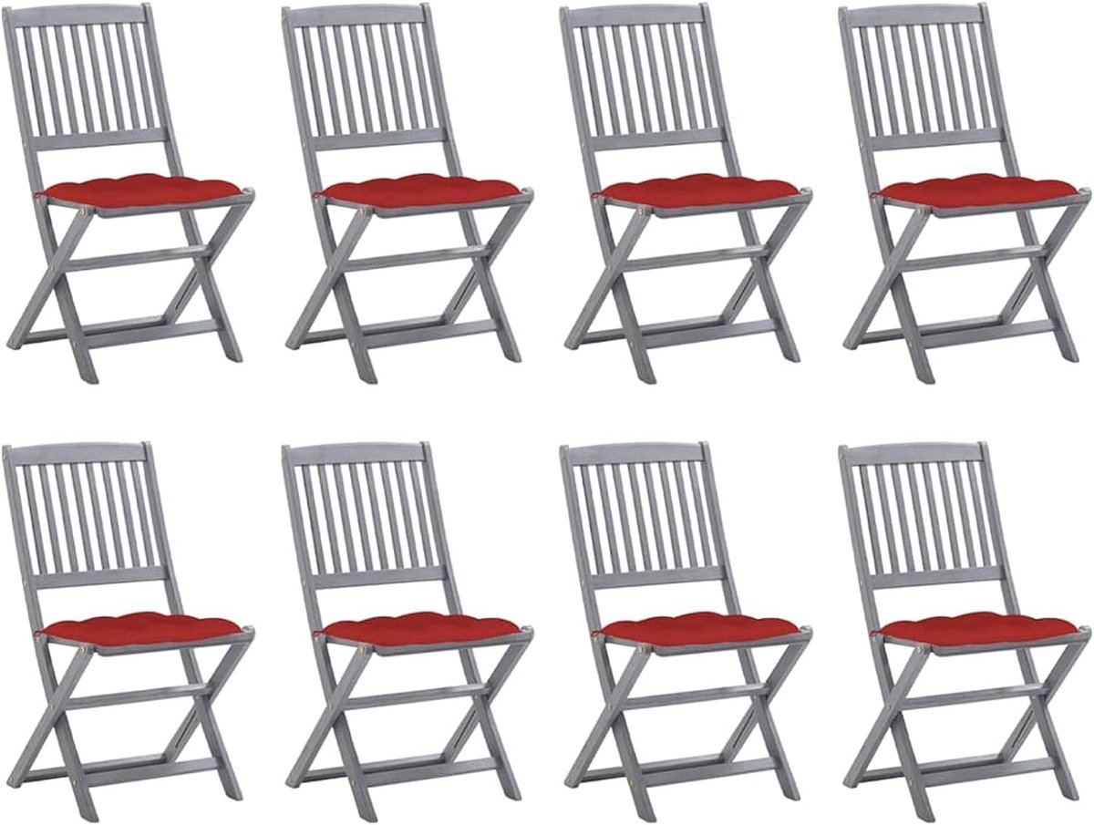 Opvouwbare tuinstoelen, 8 stuks, balkonstoel, tuinstoel, balkonstoelen, klapstoel, terrasstoel, tuinstoel, stoelen met kussen, rood, massief hout, acacia
