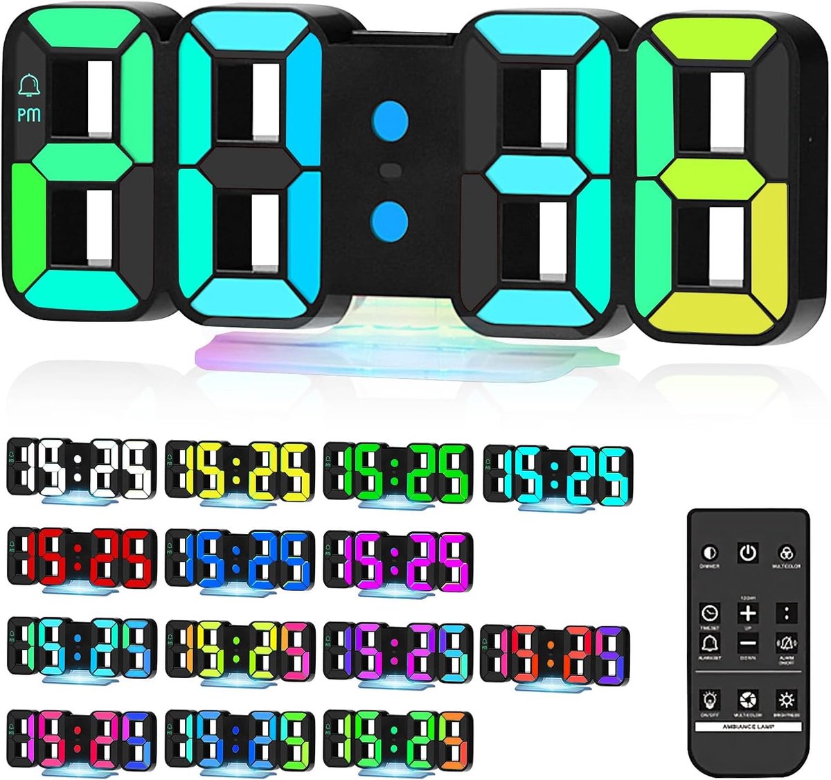 3D digitale led-wekker, 3D led digitale wekker, led-elektronische wandklok, met 3 instelbare helderheidsniveaus, 12/24 uurweergave, automatische dimming, afstandsbediening, voor slaapkamer en kantoor
