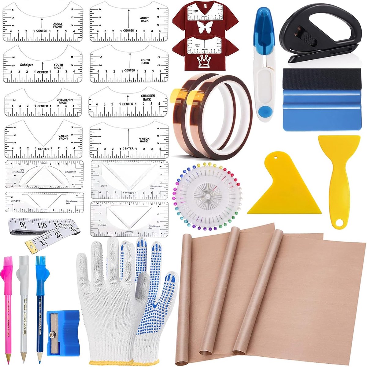 Sublimatieshirt, gereedschapsset, 68-delig, T-shirt-liniaal, gids, kit met 3 stuks teflon folie voor hittepers, 2 rollen hittebestendig plakband, voor naai-accessoires, plotteraccessoires