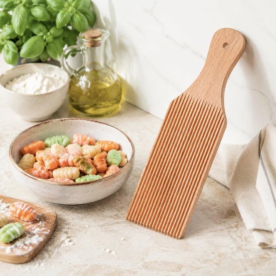 3 stuks, houten handvat, deegroller, beukenhout, gnocchi-plank met deegroller, gekartelde deegsnijder, roller voor thuiskeuken, ravioli, tortellini, macaroni — afbeelding 3