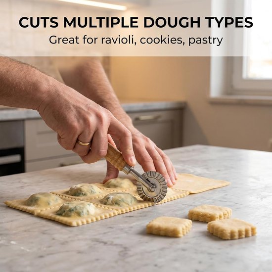 3 stuks, houten handvat, deegroller, beukenhout, gnocchi-plank met deegroller, gekartelde deegsnijder, roller voor thuiskeuken, ravioli, tortellini, macaroni — afbeelding 5