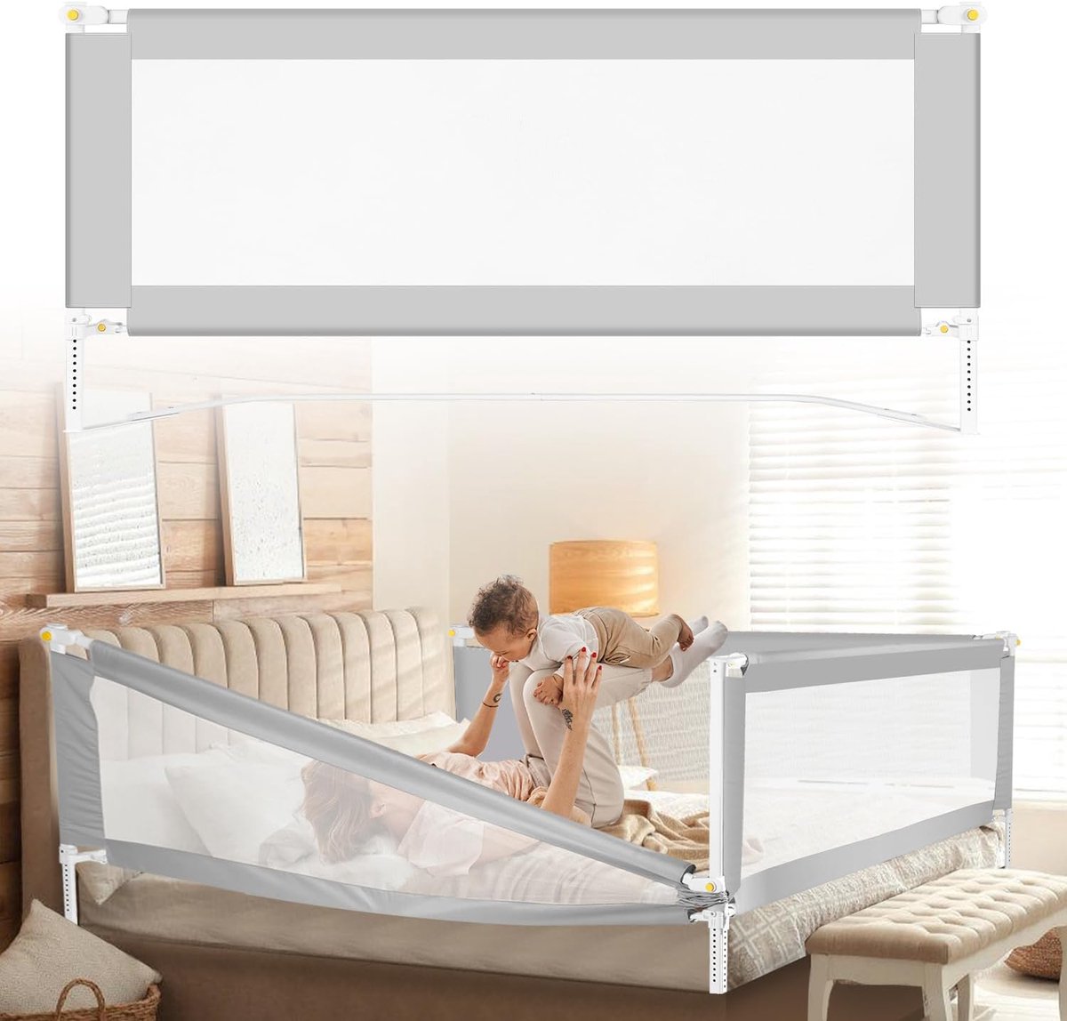 Bedhek, 200 cm, valbescherming, opvouwbare bedbescherming met U-vormige poten, kinderbedhek, in hoogte verstelbaar, 68-95 cm, babybedhekje met luchtnet, eenvoudig te monteren, grijs