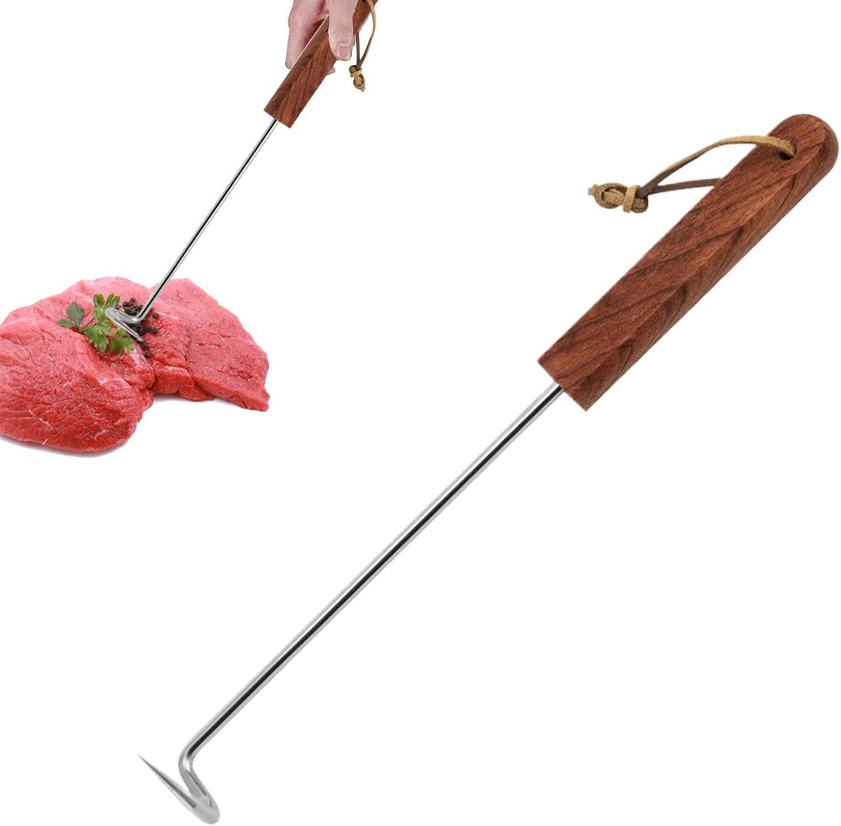 Flipper met vleeshaak, Flipper met vleeshaak Voedseldraaigereedschap Houten | Roestvrij staal Kookgadget voor het grillen van groenten, , kip, hotdogs en barbecueaccessoires