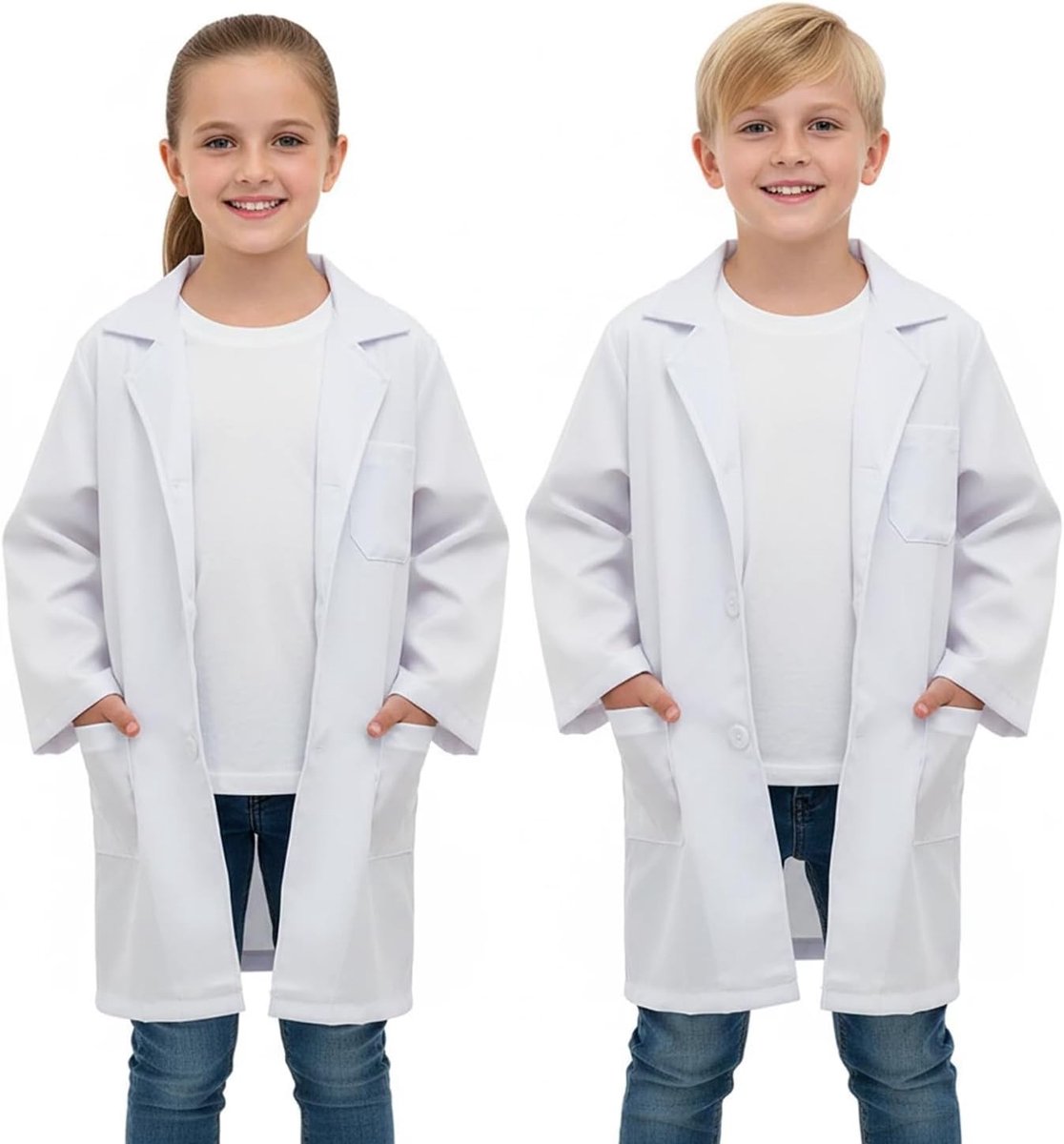 Laboratoriumjas voor kinderen, wetenschapperskostuum, witte doktersjas met knopen en zak, voor jongens en meisjes, laboratoriumjas voor Halloween en school